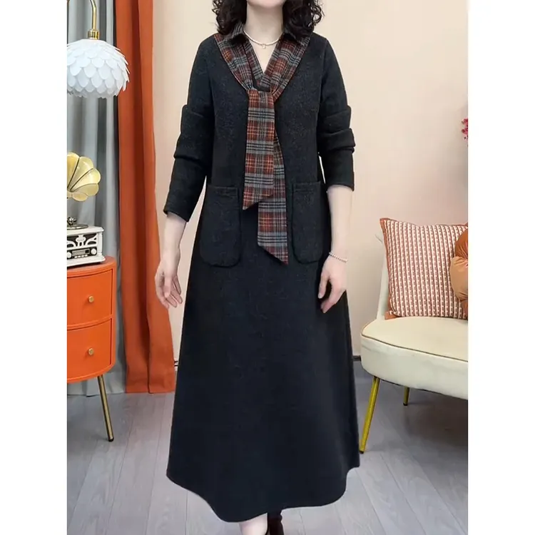 法式优雅格纹绑带连衣裙2026新款高档洋气减龄宽松遮肉polo领长裙