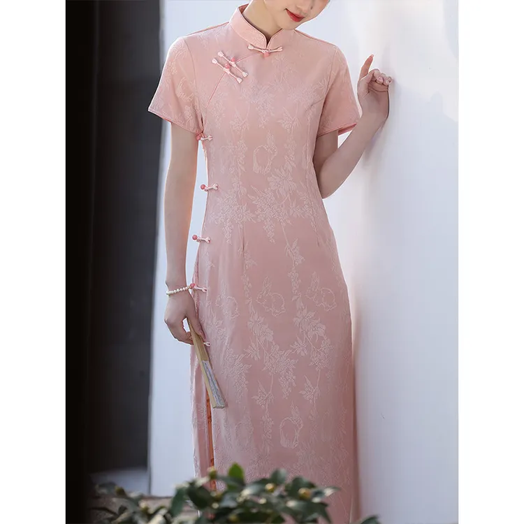 新中式粉色提花旗袍女2025年春夏优雅气质新款礼服裙日常可穿