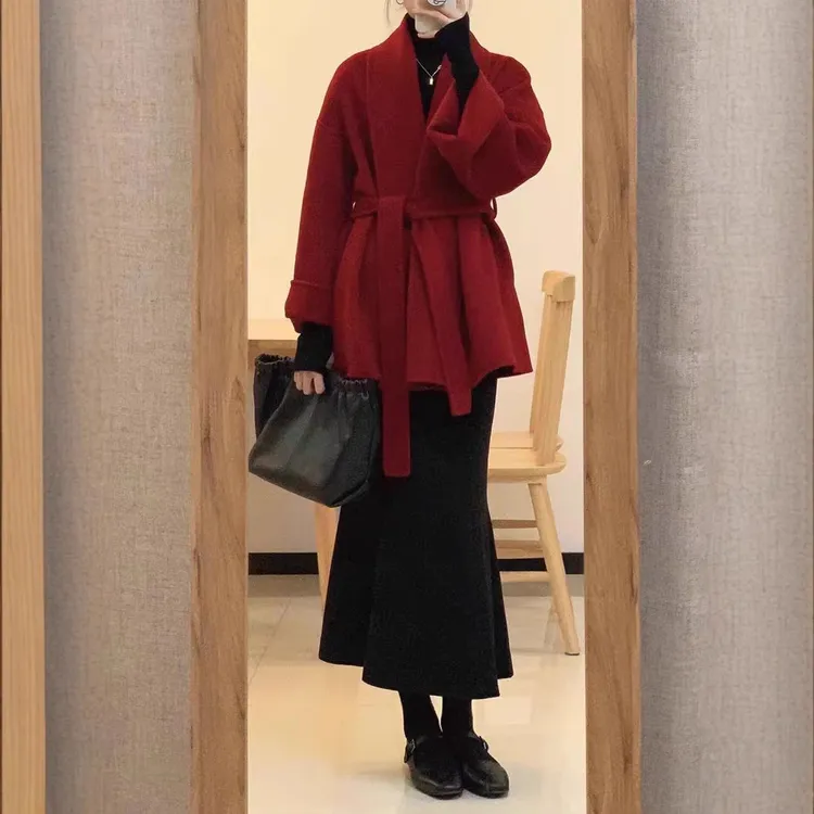 今年流行漂亮韩剧小香风过年红色毛呢外套裙子拜年服两件套装秋冬