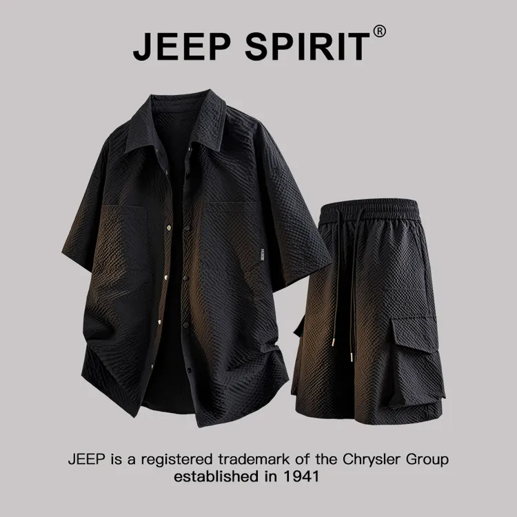 Jeep吉普夏季薄款泡泡纱套装男士短袖衬衫短裤潮牌休闲运动两件套