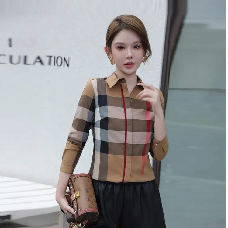 春秋季新款女士长袖条纹高端衬衣休闲百搭开衫上衣翻领时尚衬衫潮