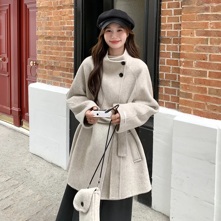 韩系超好看双面羊毛大衣女短款小个子收腰系带显瘦气质毛呢子外套