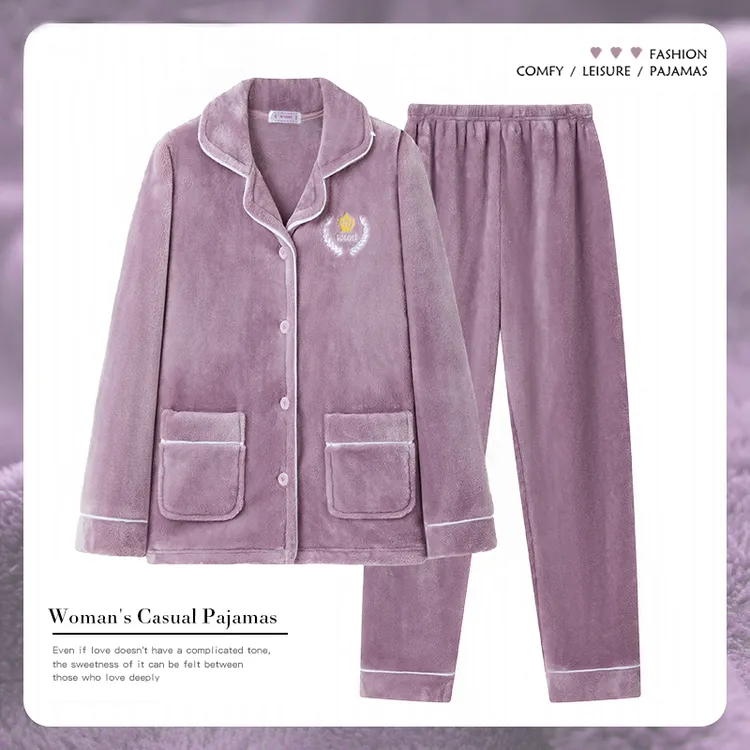 秋冬季新款珊瑚绒睡衣女套装加厚加绒长袖保暖法兰绒家居服套装