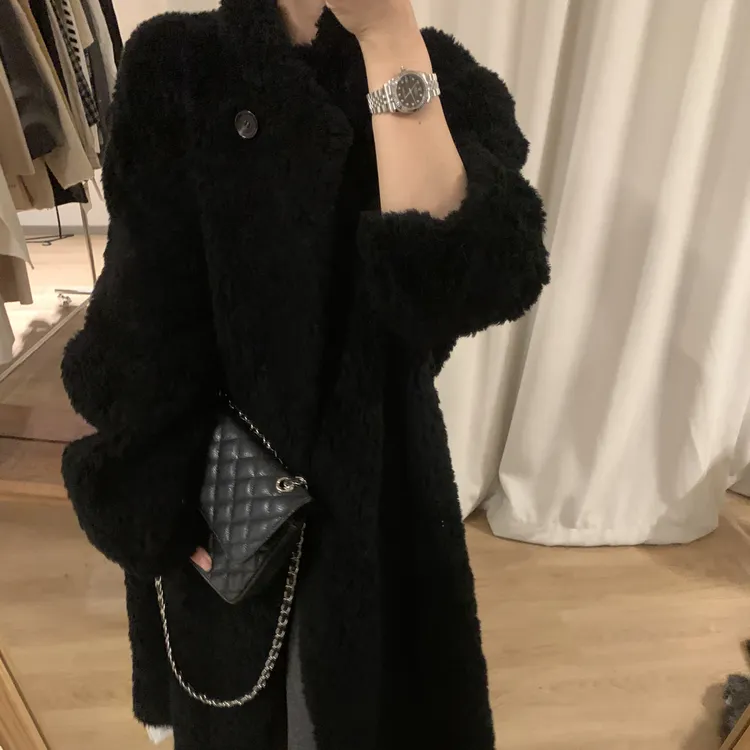 100绵羊毛轻奢毛毛立领中长款女士冬季高级感慵懒风外套