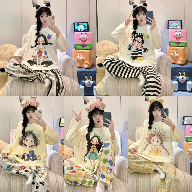 春秋季冬天德绒长袖漫画风圆领甜美卡通女士睡衣休闲可外穿家居服
