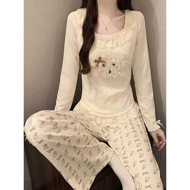 设计感可爱修狗睡衣女春秋季长袖带胸垫花边蕾丝休闲家居服两件套