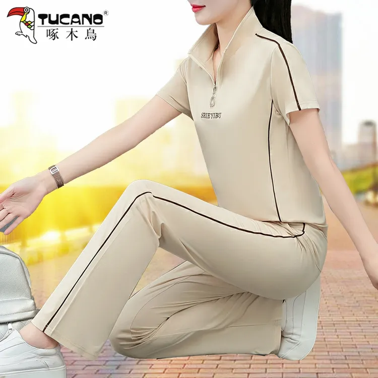 啄木鸟夏季运动套装女2025新款时尚薄款短袖长裤跑步休闲服两件套