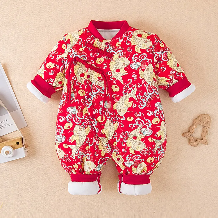 婴儿拜年服套装冬季喜庆加厚宝宝连体衣哈衣过年保暖棉马甲三件套
