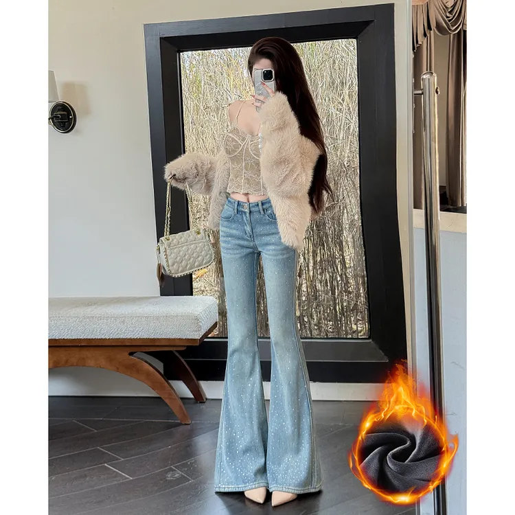 满天星烫钻加绒微喇牛仔裤女2025冬季新款高腰显瘦小个子喇叭裤