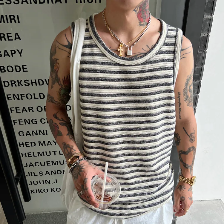 OXFREAK「老钱风 混色条纹」针织背心男宽松透气休闲无袖t恤夏季