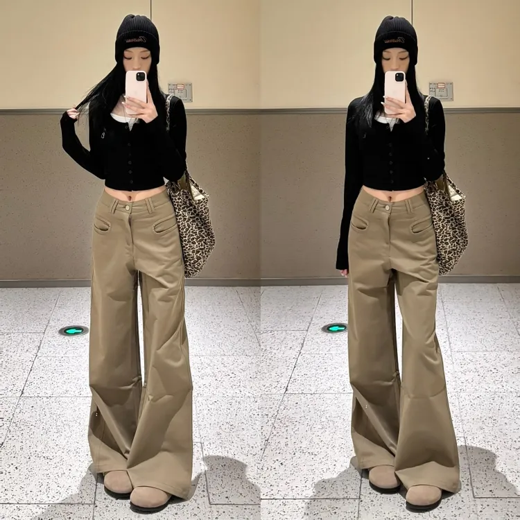 180高个子175加长卡其色西装休闲裤女小众宽松高腰显瘦阔腿拖地裤