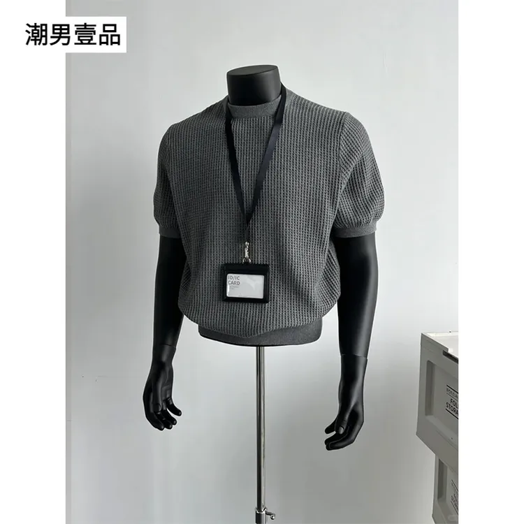 老钱风正肩针织短袖男款夏季华夫格小领口t恤美式复古boxy半截袖