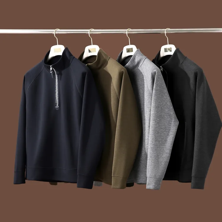 意式老钱风 秋冬男士天丝羊毛混纺休闲纯色套头半拉链立领卫衣