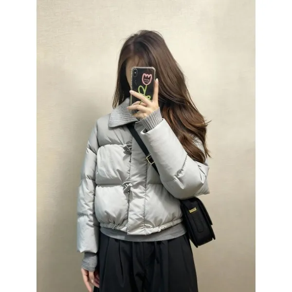 韩系蓝色针织拼接棉服女小香风棉袄2025新款爆款巨好看的冬装外套