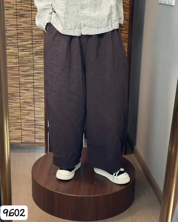 9602酵素水洗汉麻双层阔腿直筒裤松紧腰休闲宽松百搭