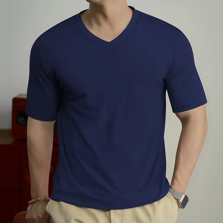 10A级抑菌莫代尔冰丝透气v领短袖t恤男士鸡心领夏季凉感纯色体恤