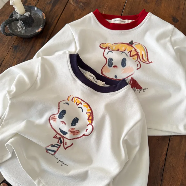 宝宝长袖打底衫德绒卡通印花春秋男女童T恤弹力撞色儿童内搭T保暖