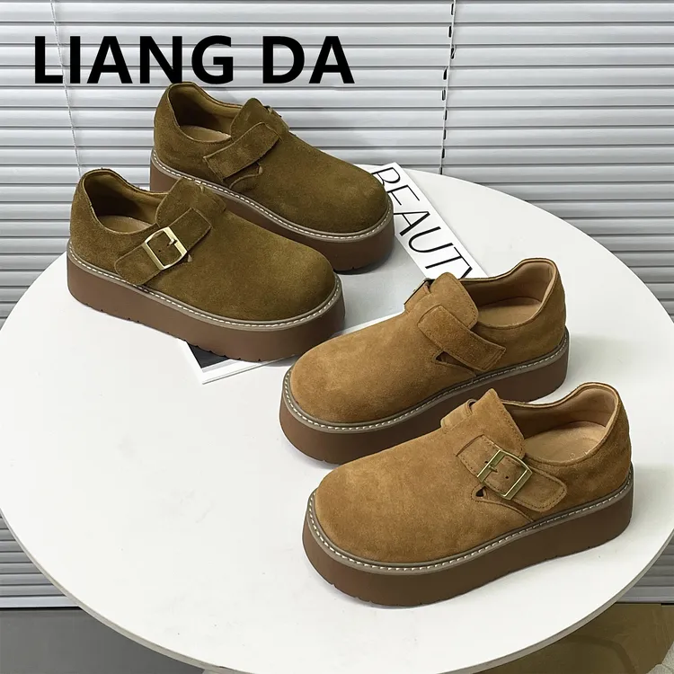 Liang Amanda/靓妲真皮厚底勃肯鞋女韩版百搭软底小个子增高单鞋