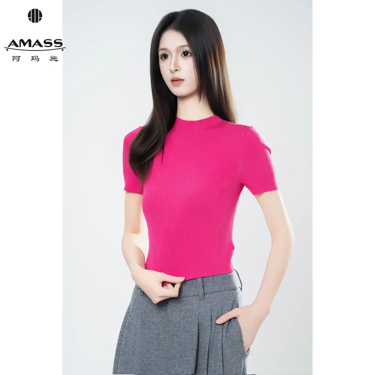 AMASS/阿玛施夏季新款修身圆领多色弹力显瘦针织打底短袖 5399601