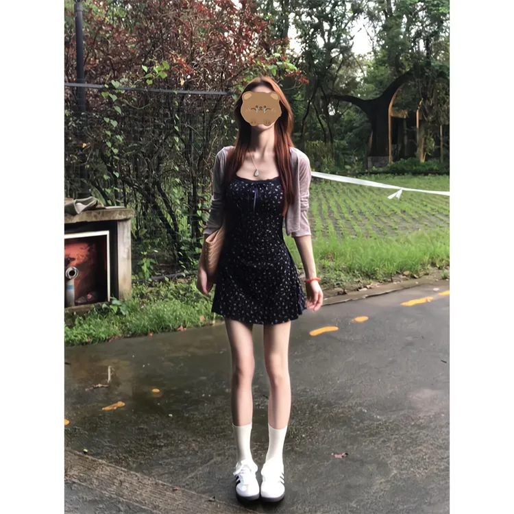 2025新款法式甜妹套装碎花吊带连衣裙女装夏季长袖针织开衫两件套