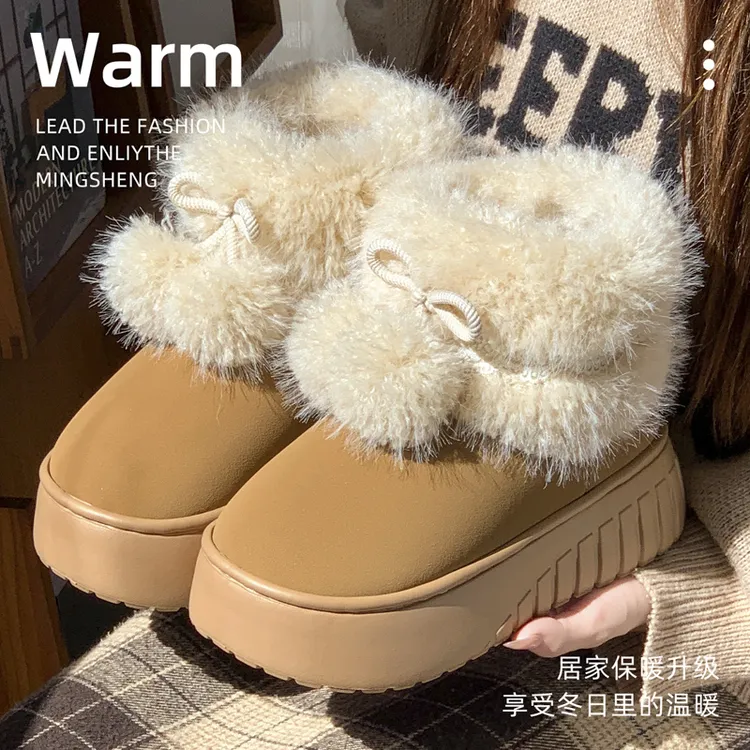 加厚保暖时尚雪地靴成人户外居家两穿厚底防滑雪地靴毛球绑带棉靴