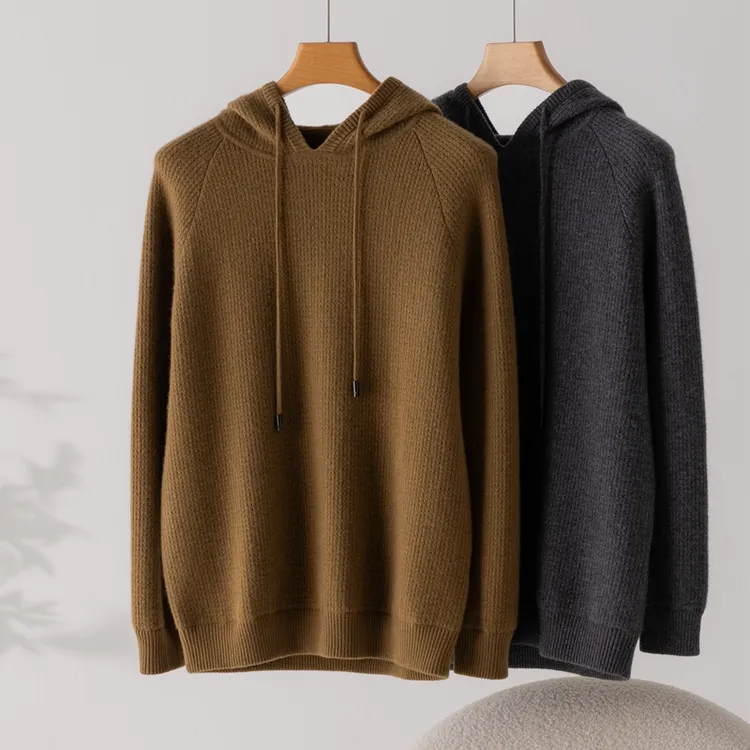 000043 正品 纯山羊绒 男士华夫格加厚连帽衫 舒适保暖 休闲时尚