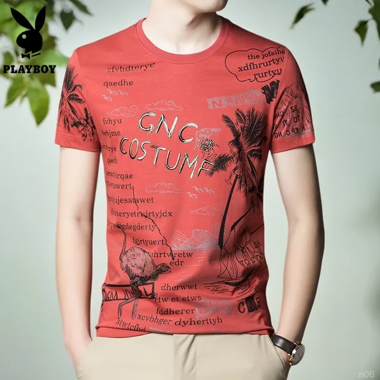 花花公子丝光棉高级感圆领短袖T恤时尚夏季休闲男装中青年小西装