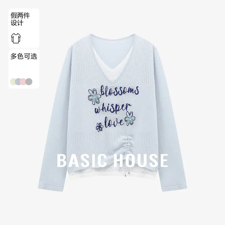 Basic House/百家好秋季慵懒风假两件提花显瘦针织衫-B0625B5HEU2