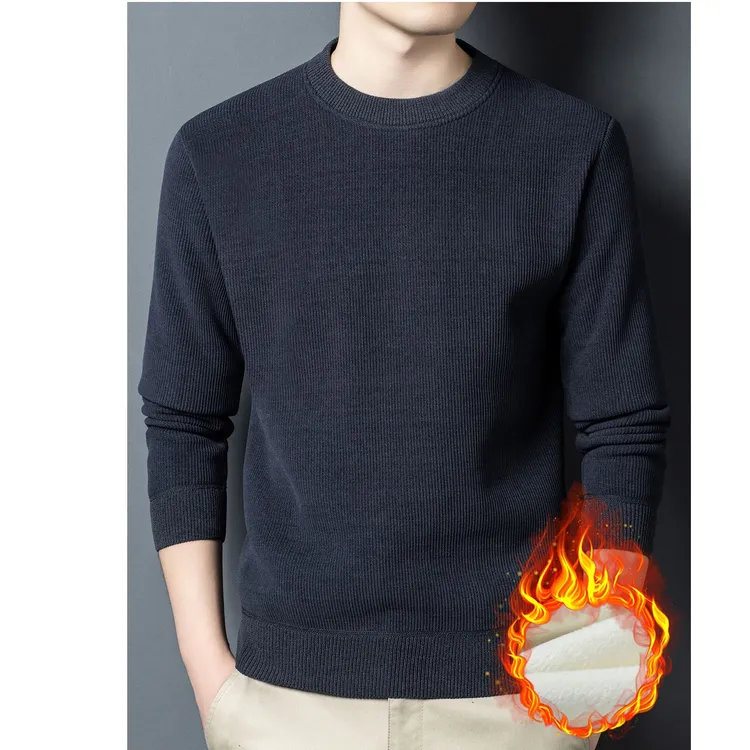 2025保暖针织男士加绒纯色圆领毛衣长袖潮流毛衣冬季加厚