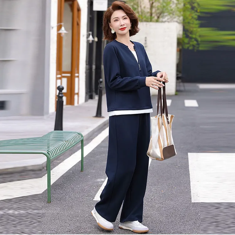 罗蒙中年妈妈秋装休闲运动服套装新款中老年卫衣女春秋洋气两件套