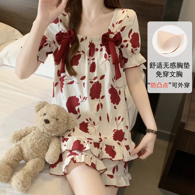 睡衣女款夏季薄款带胸垫可外穿宽松学生少女夏天新款女家居服套装