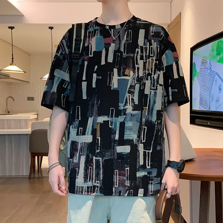 夏季休闲短袖薄款美式休闲T恤男士港风男装半袖印花五分袖帅气