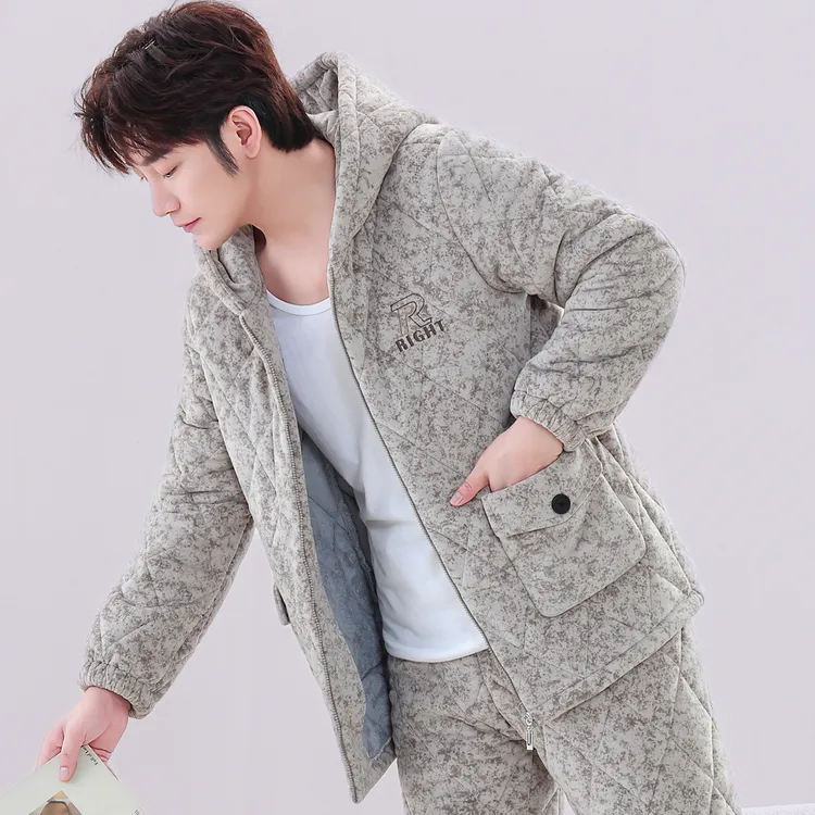 睡衣男士冬季2025新款三层夹棉加厚加绒珊瑚保暖法兰绒家居服套装