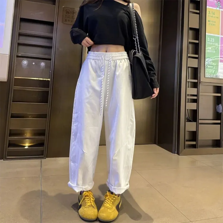 2025夏季新款松紧腰直筒休闲裤女纯色简约洋气高腰遮肉显瘦阔腿裤