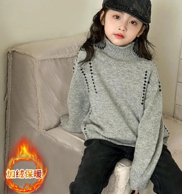 女童加绒加厚半高领针织衫中大童女孩秋冬洋气女童打底衫