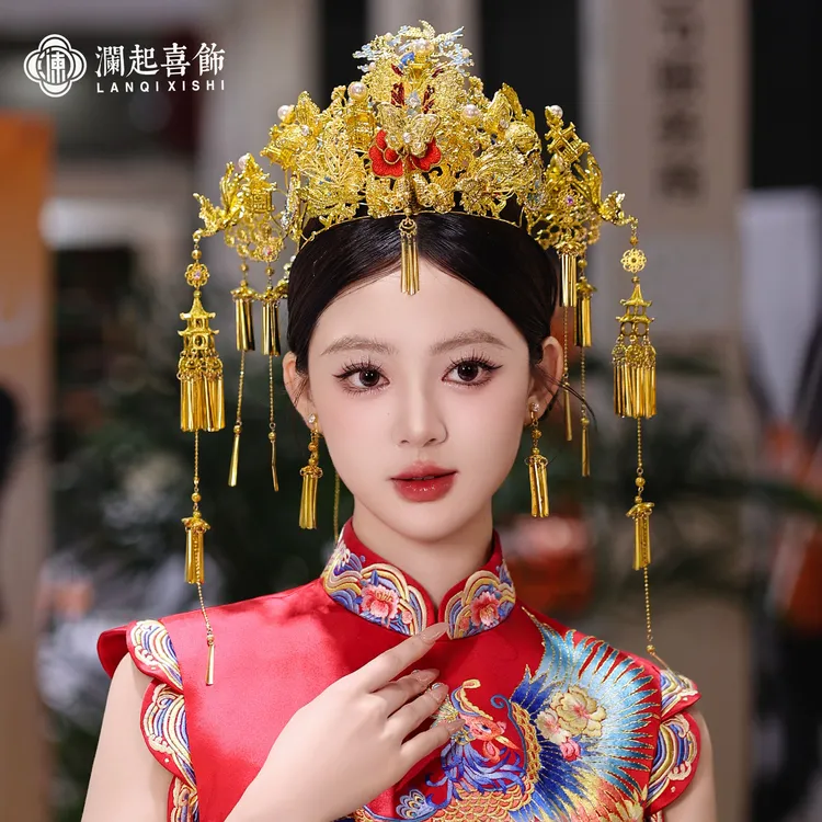 展会款SE601-1 新中式秀禾前后冠结婚刺绣花朵步摇凤冠