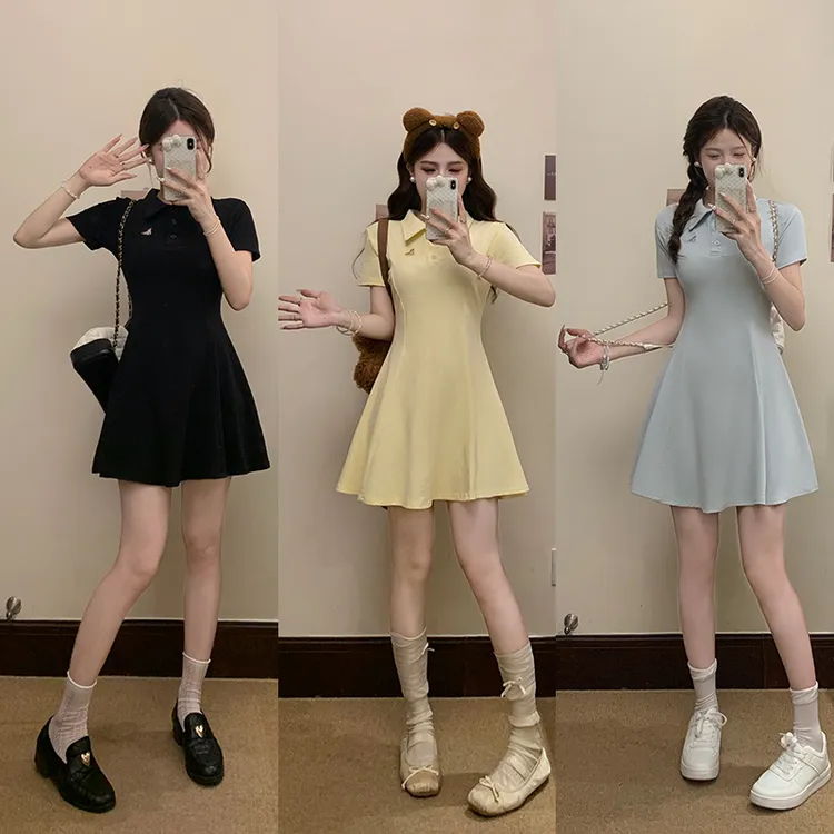 2025夏装新款胖mm大码女休闲设计感polo领收腰显瘦连衣裙22012
