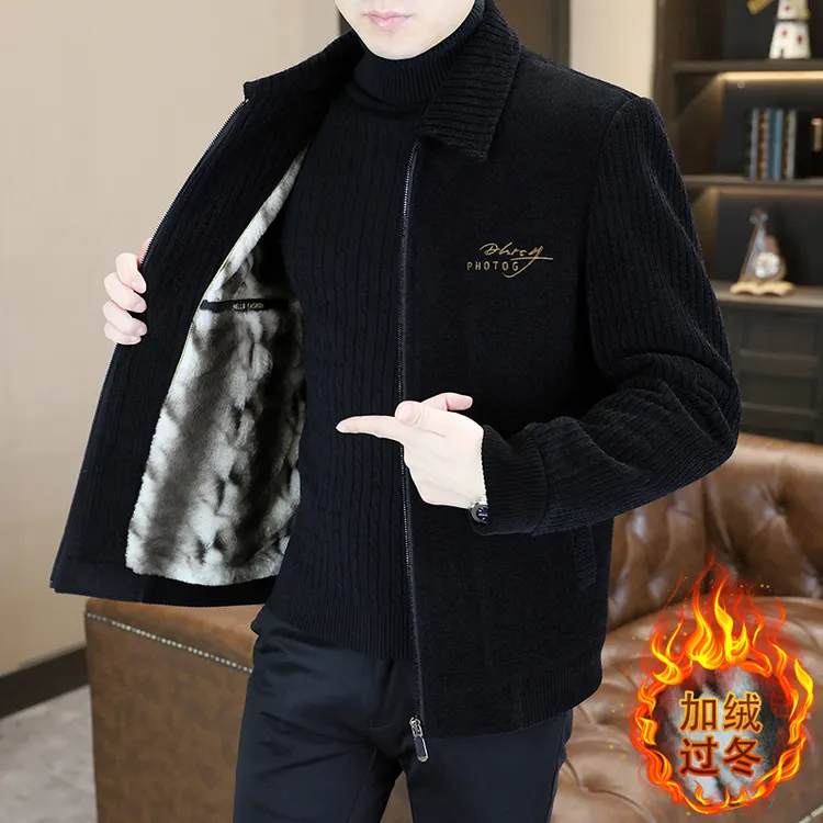 冬季男士加绒加厚呢子外套韩版青年百搭翻领休闲短款保暖夹克上衣