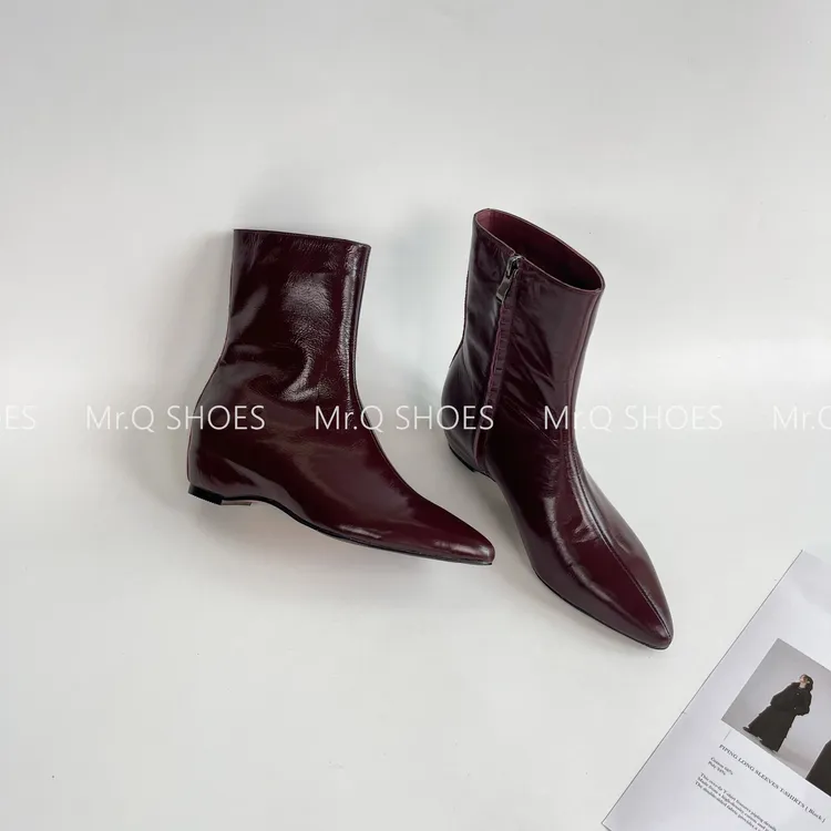 34-40码/跟高4cm/黑红/秋冬新款尖头侧拉链显瘦软皮时装短靴