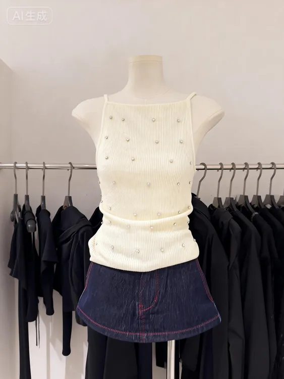 春季新款别致性感显瘦立体钉珠点缀针织吊带背心配宽松休闲裤套装