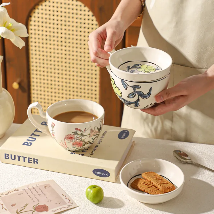 舍里田园风复古咖啡杯手柄款大容量带盖欧式水杯子马克杯生日礼物