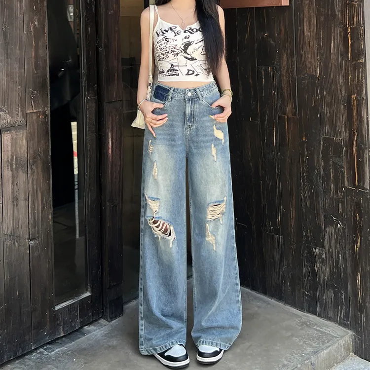 美式复古蓝破洞牛仔裤女2025秋季新款高腰显瘦窄版小个子阔腿百搭