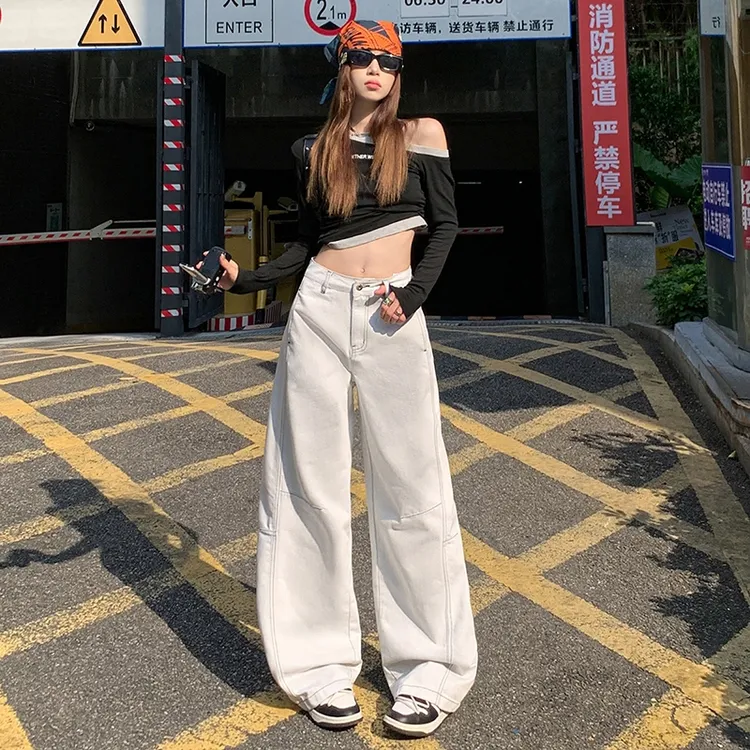 潮源女士秋季高腰宽松水洗常规厚度100%其他面料美式高级灰白浅色