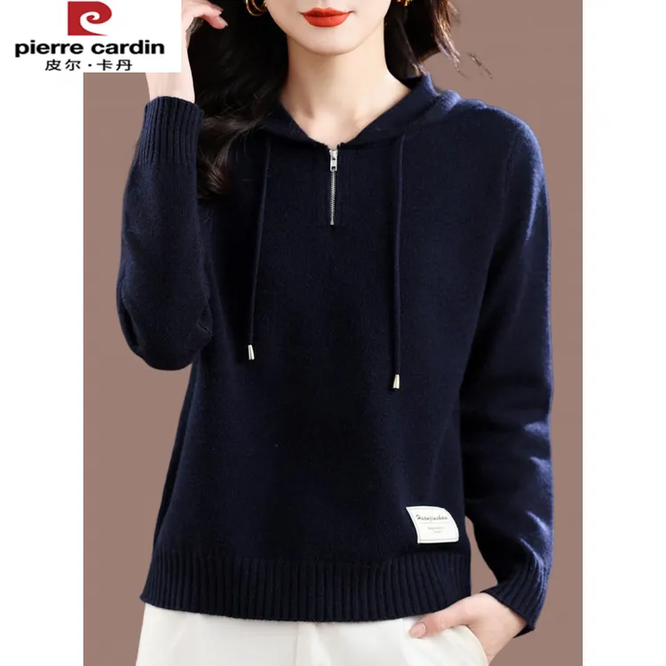 皮尔卡丹羊毛衫女春秋冬新款连帽卫衣宽松洋气内搭针织打底衫百搭
