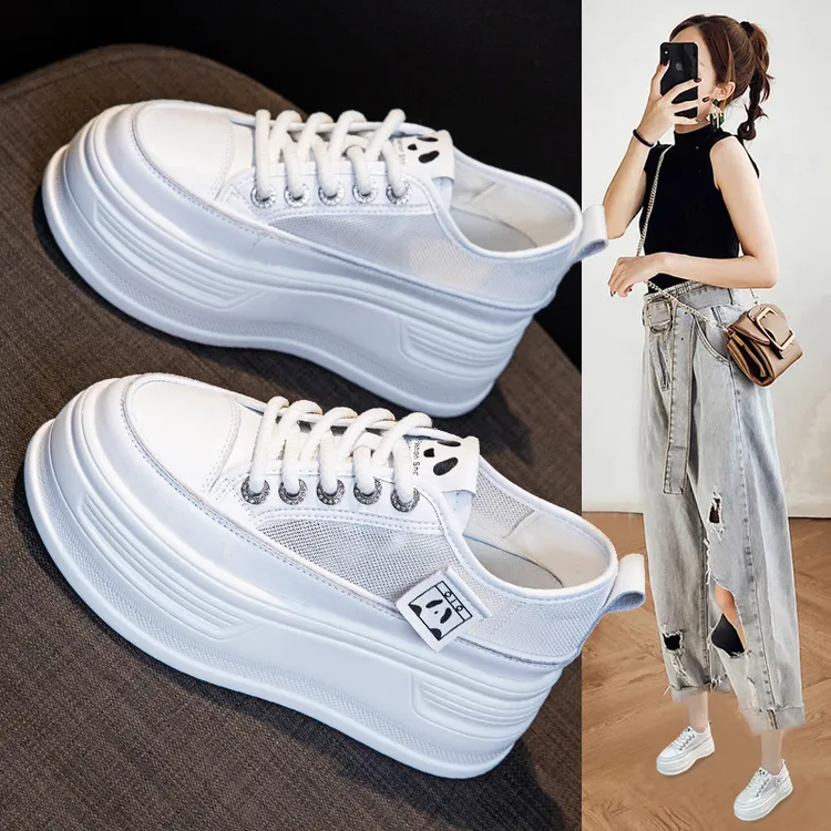 网面松糕小白鞋厚底增高25夏季新款低帮时尚圆头亮片小众百搭女鞋