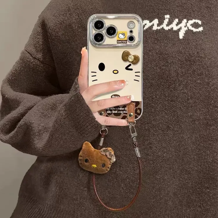 豹纹黄鼻子凯蒂适用17苹果16新款15个性14女款13手机壳电镀大视窗