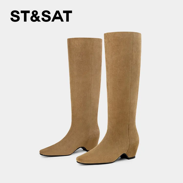 St&Sat/星期六秋冬方头气质长靴时尚时装靴粗跟舒适靴子百搭女靴
