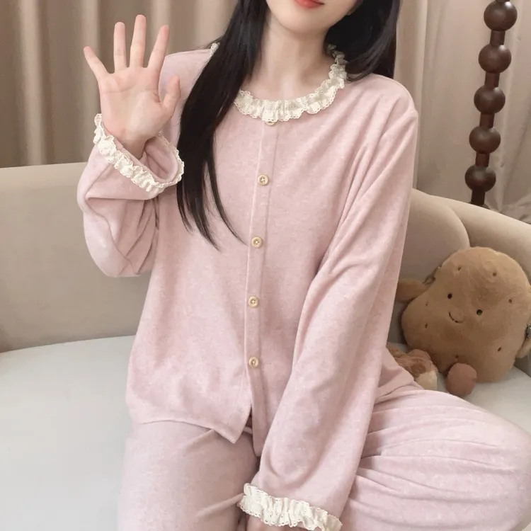 【6302粉色】格子高级感秋季甜美长袖拼接可外穿家居服睡衣宽松睡衣