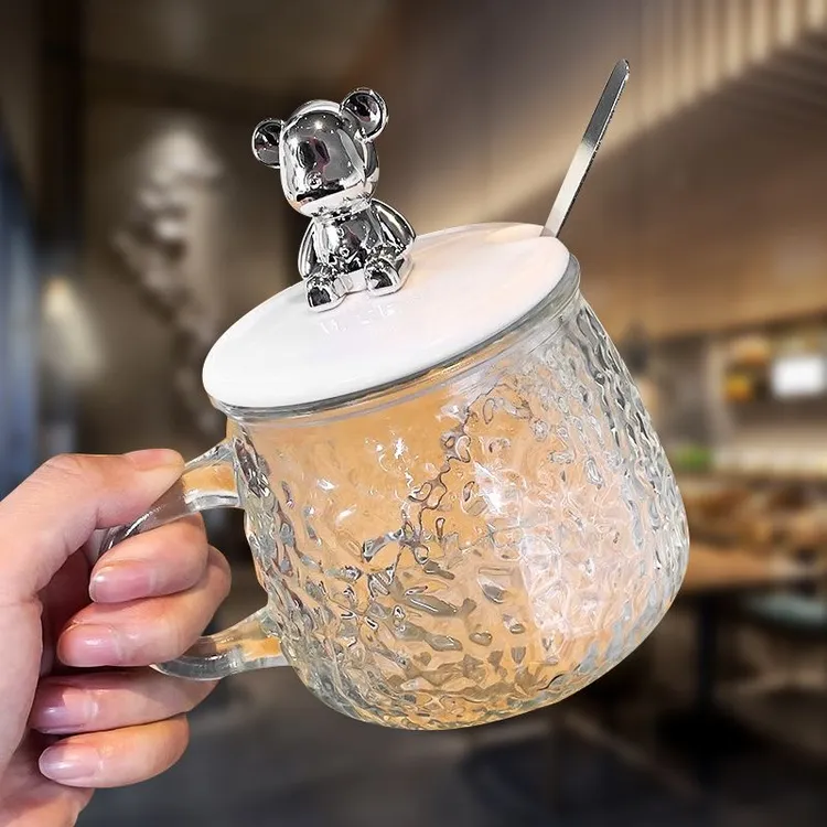 卡通熊马克玻璃水杯冰川泡茶杯家用花茶杯玻璃锤纹把杯