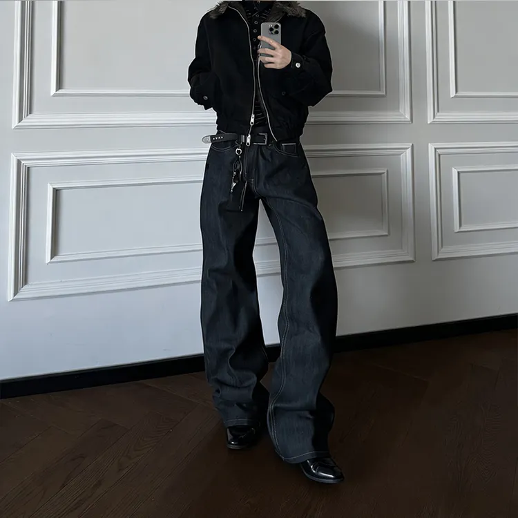 美式复古风直筒百搭纯色牛仔裤秋冬季潮流休闲长裤小众设计感男裤